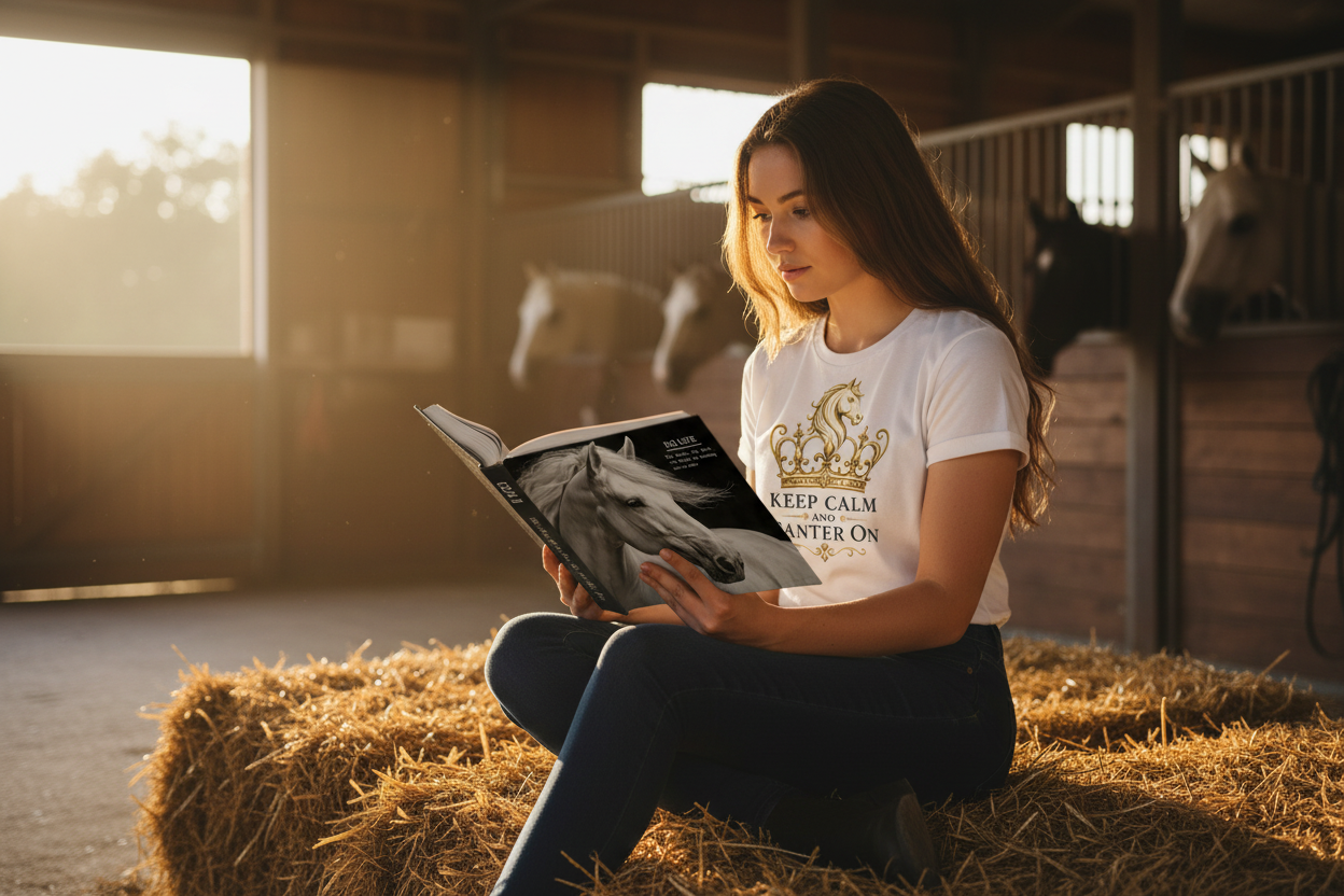 Young woman in barn reading EQ Life book wearing Club EQ t-shirt